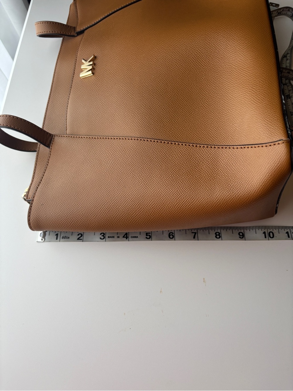 Michael Kors Cognac Saffiano Leather Tote with Logo Zip Pouch and Fur Pom - Picture 14 of 15